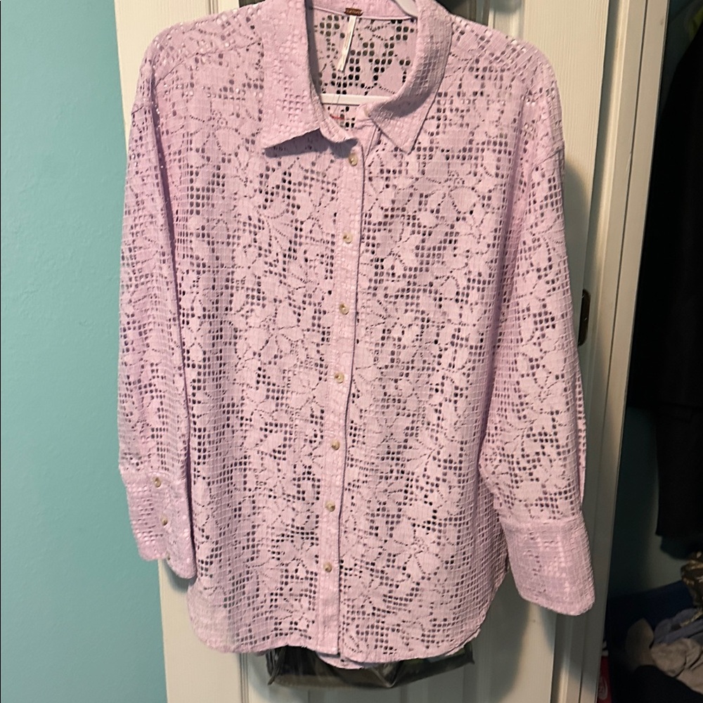NWT Free People Long Sleeve Floral Lace Button Up Top lavender- S